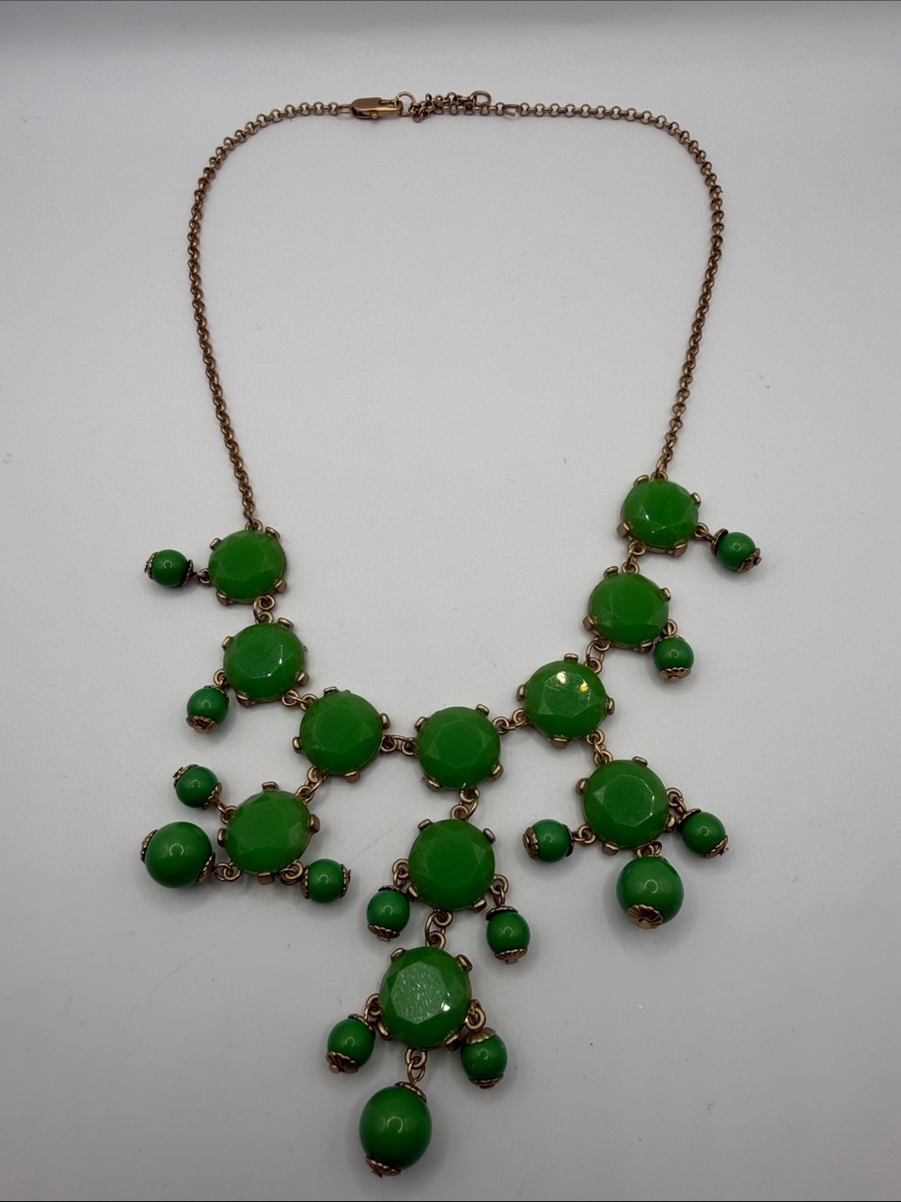 Green Faceted Statement Bib Necklace Gold Tone Beaded Drops